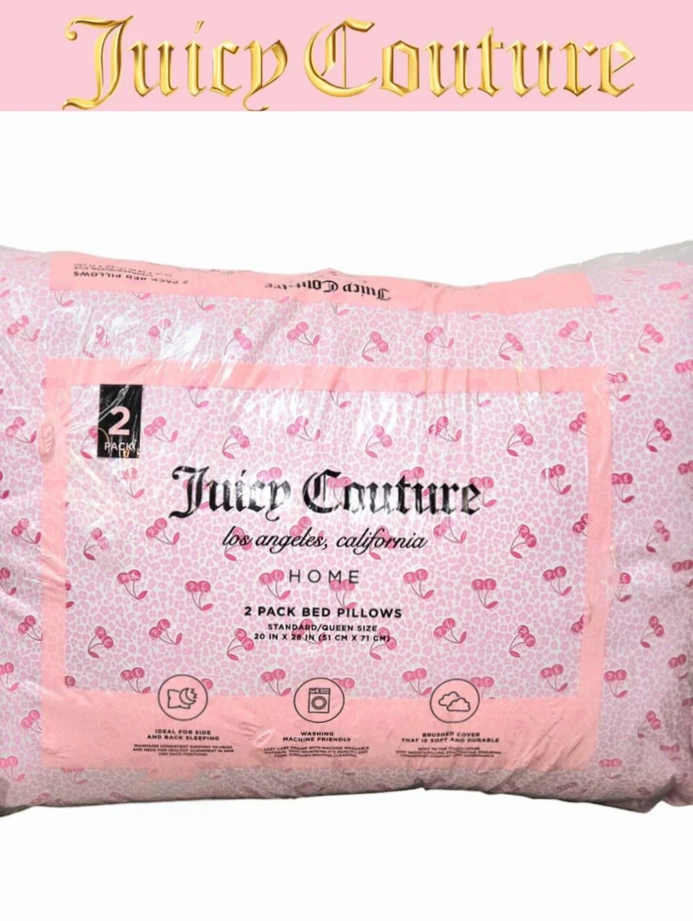 Juicy Couture Pink Home Cherries Leopord Print 2-Pack Jumbo Bed Pillows
